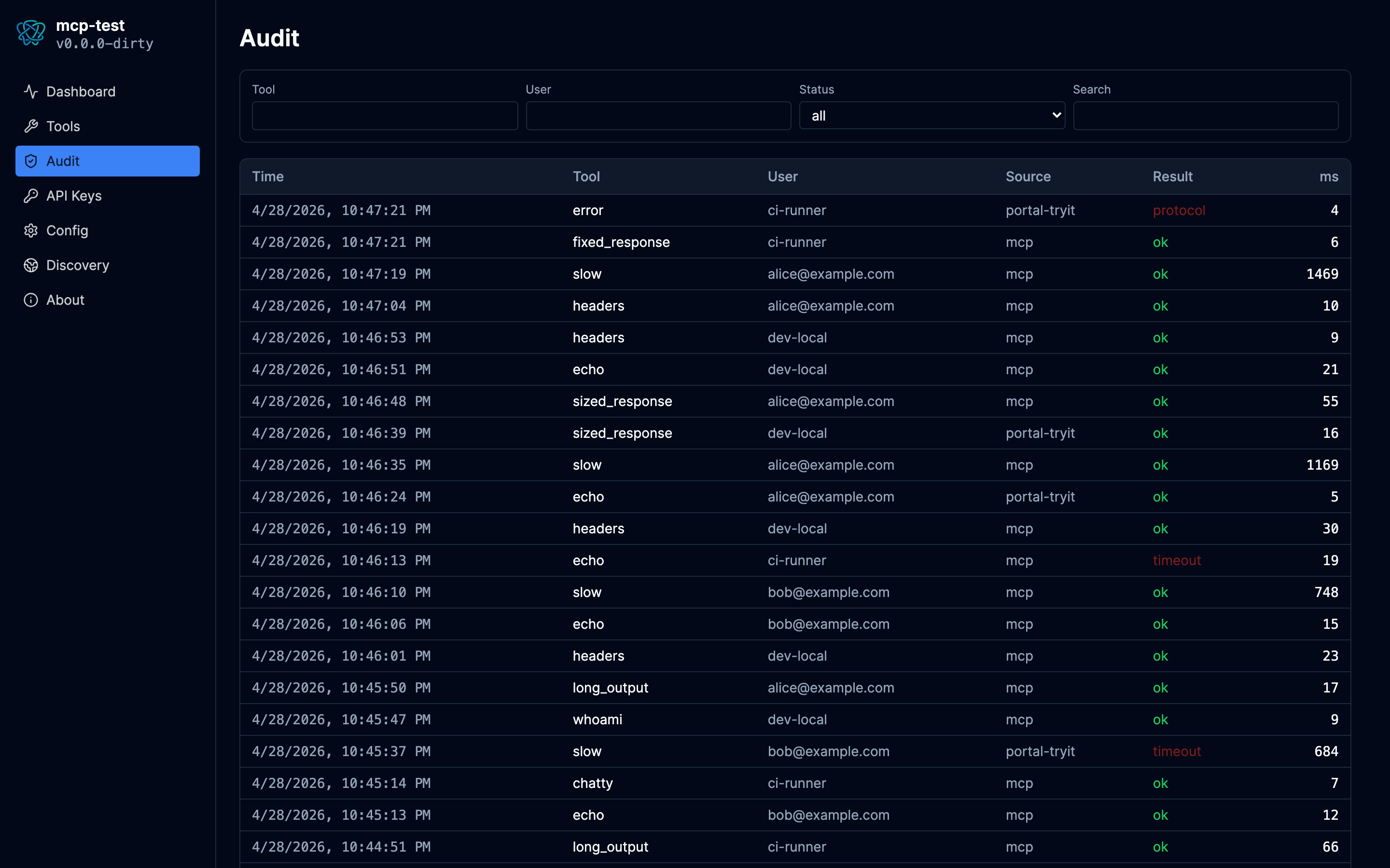 Portal Audit log screen, dark theme