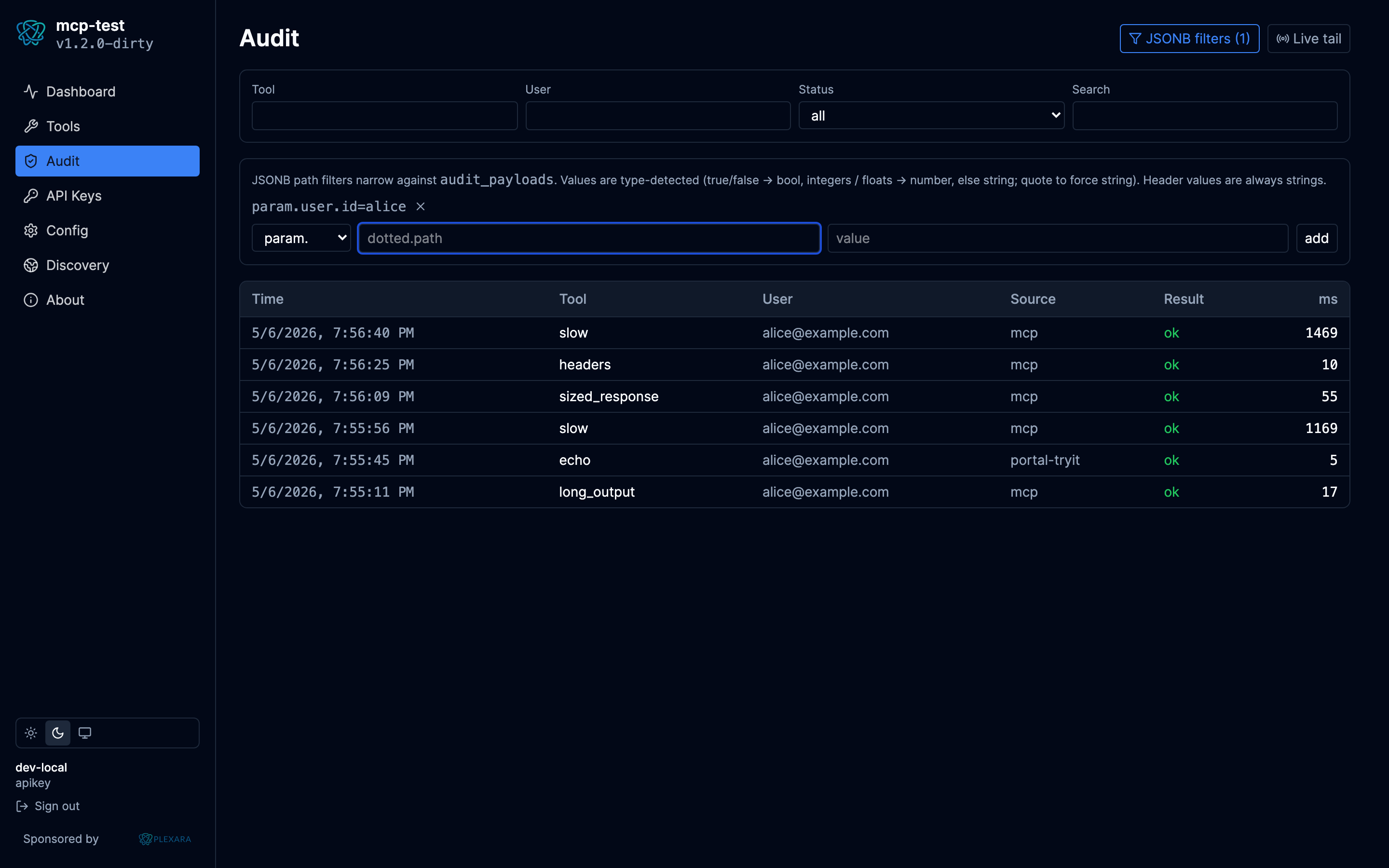 JSONB filter editor expanded with one applied filter (param.user.id=alice) above the events table