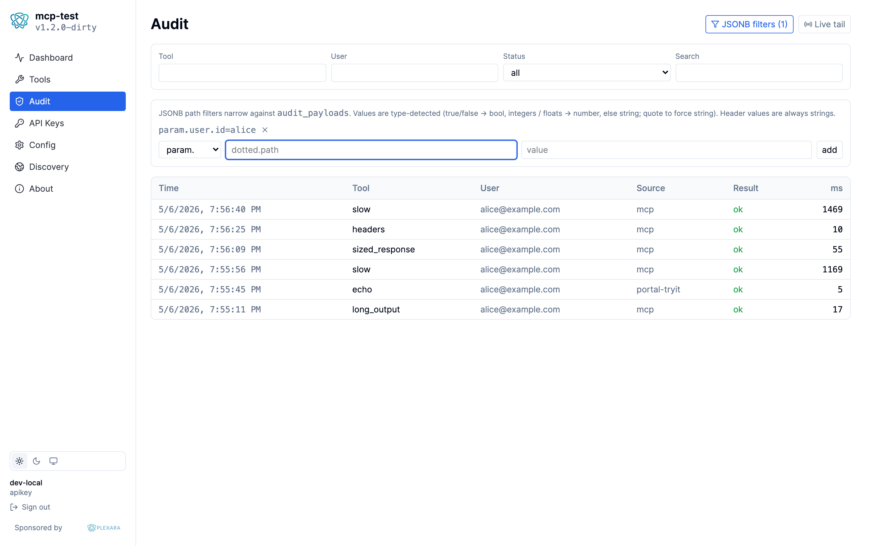 JSONB filter editor expanded with one applied filter (param.user.id=alice) above the events table