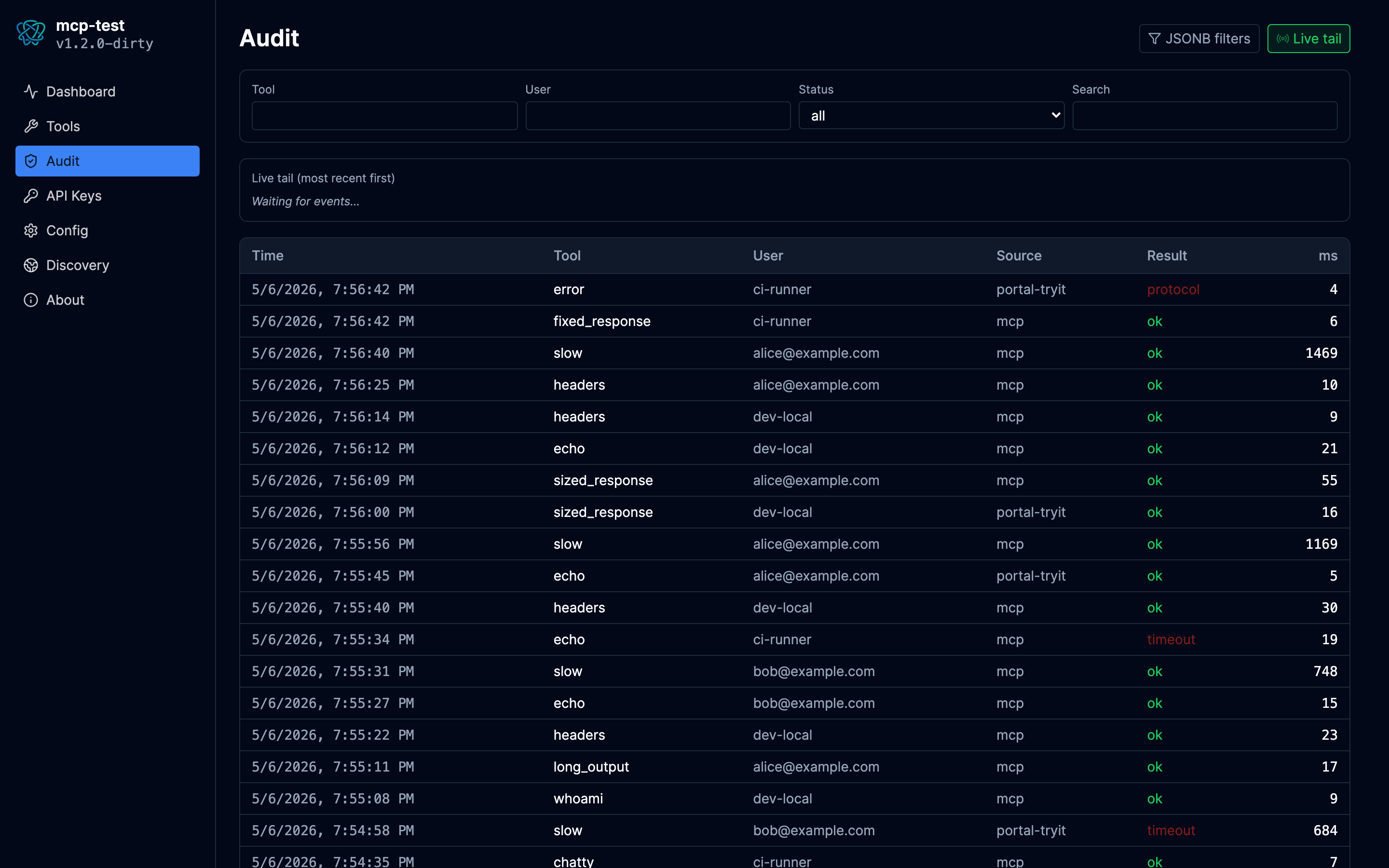 Audit page with Live tail toggled on, showing the buffer of recent SSE-delivered events above the historical filter view