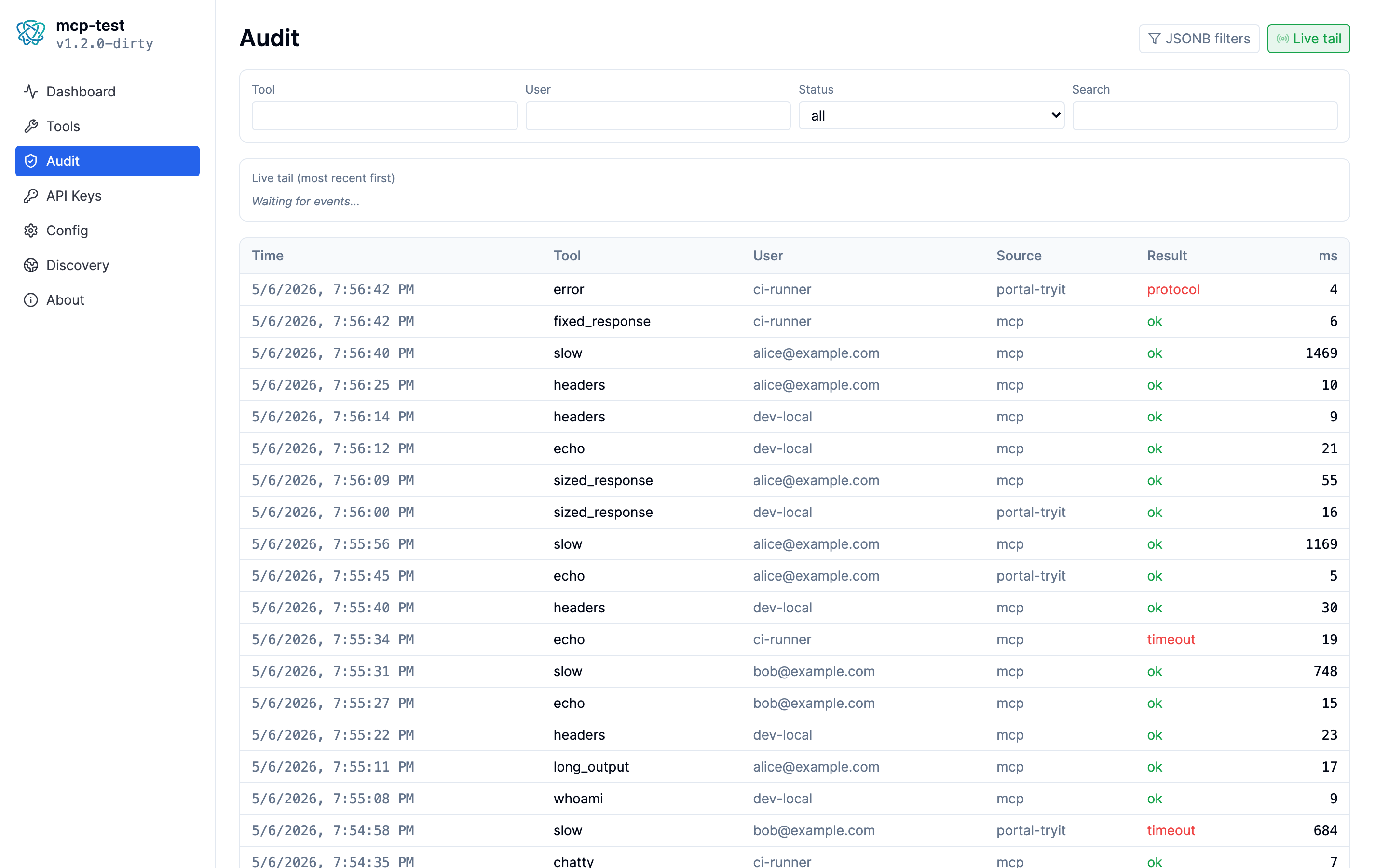 Audit page with Live tail toggled on, showing the buffer of recent SSE-delivered events above the historical filter view