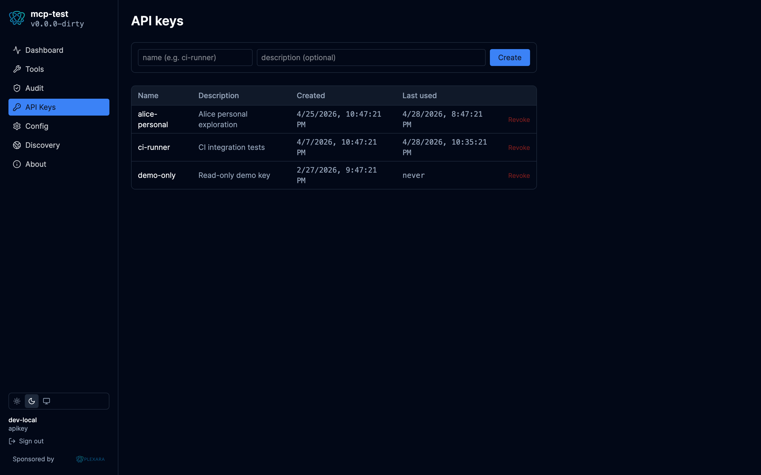 Portal API keys screen, dark theme