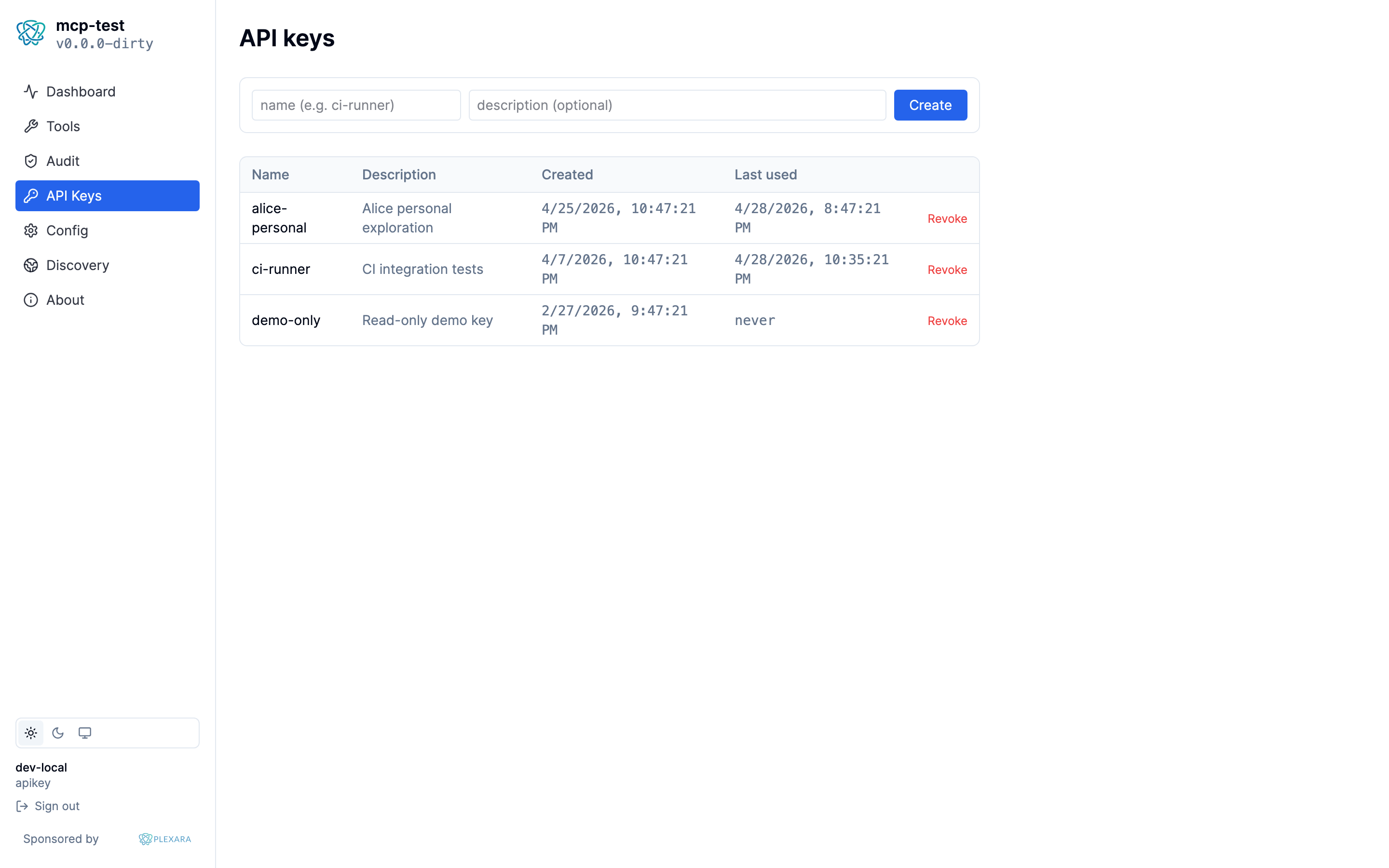 Portal API keys screen, light theme